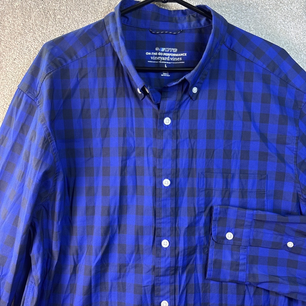 Vineyard Vines OTG Performance Shirt Mens Large Blue Gingham Brrr Button Down